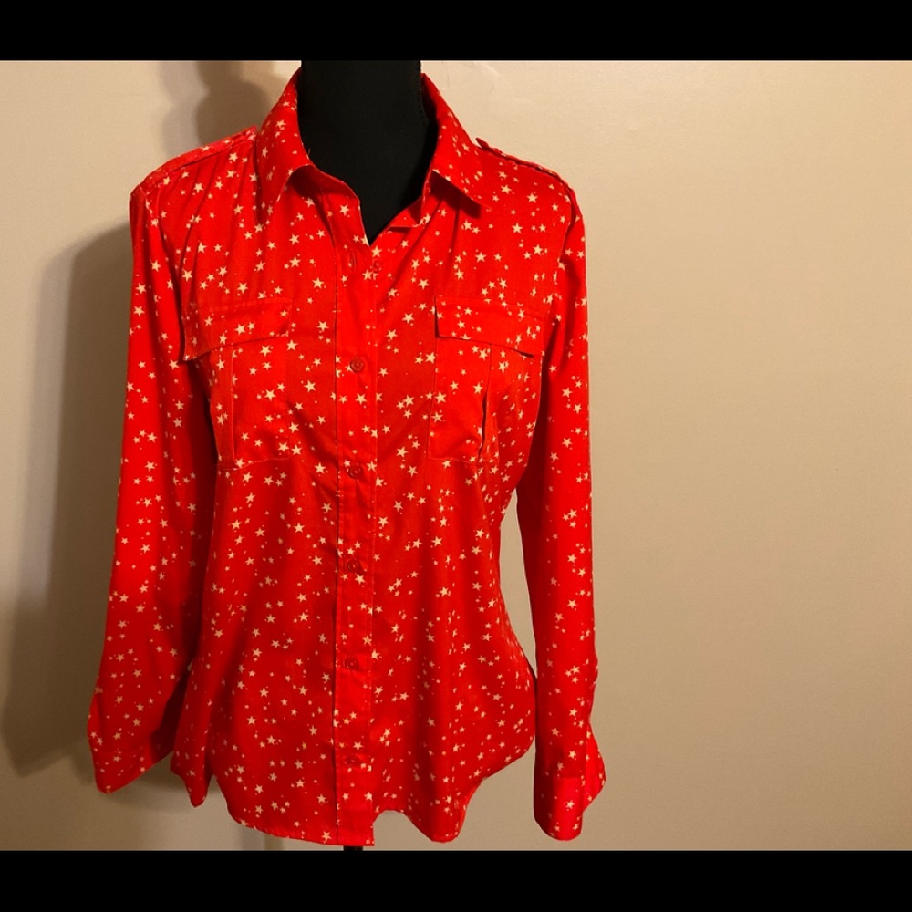 Banana Republic Orange with yellow stars button down blouse, size M